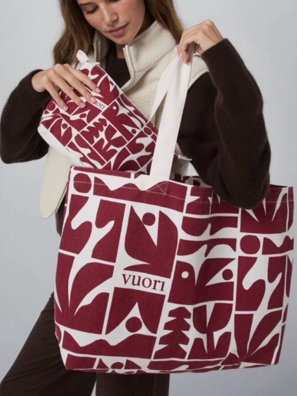 Vuori Maroon and White Graphic Tote Bag with Pouch